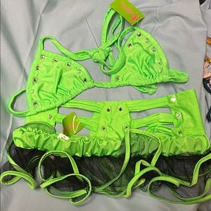 Vibrant Green 3 pc Lingerie Set with Rhinestone Accents